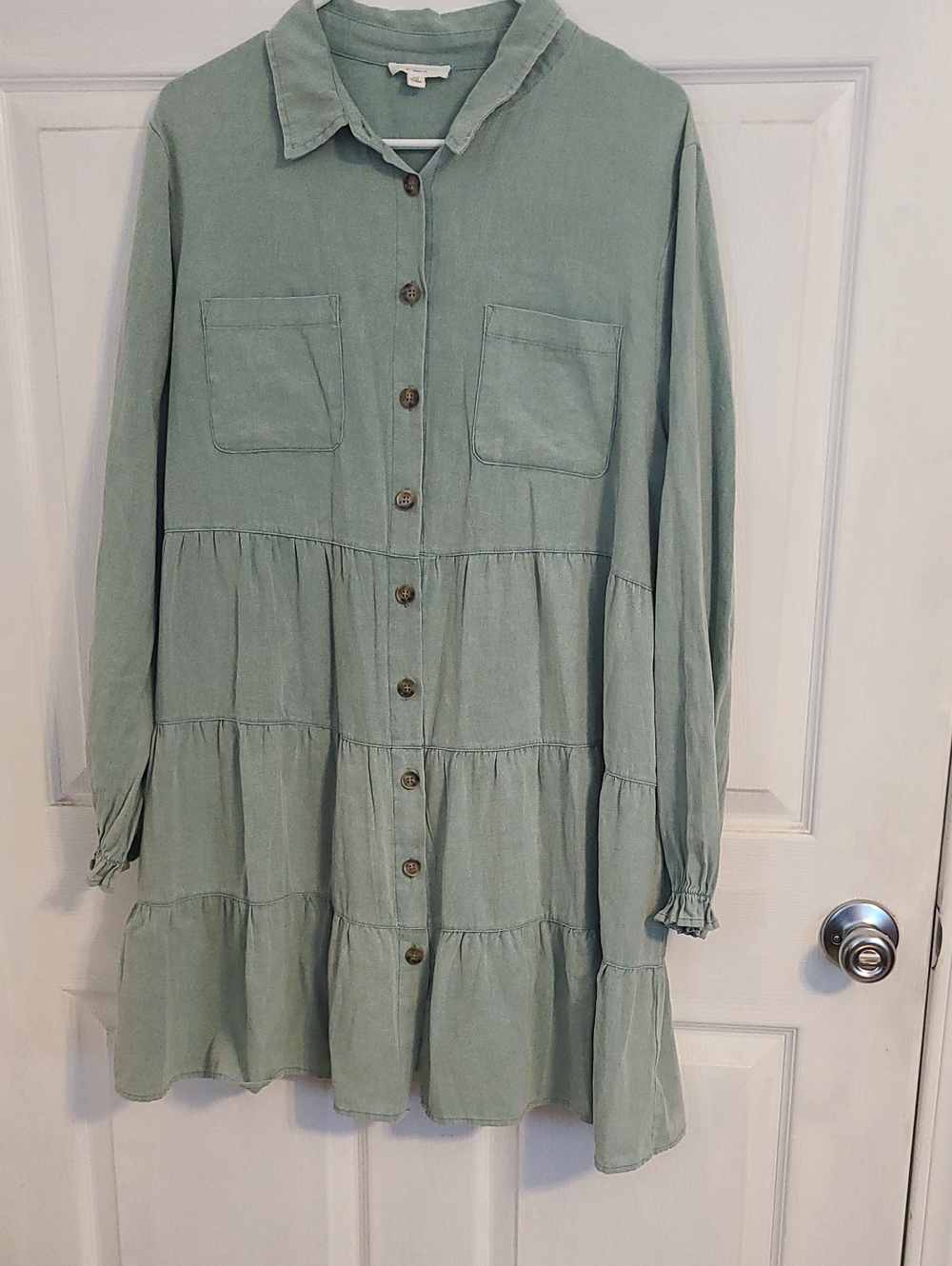 ChicSoul 1X 100% Cotton Sage Green Button Front Tiered Dress